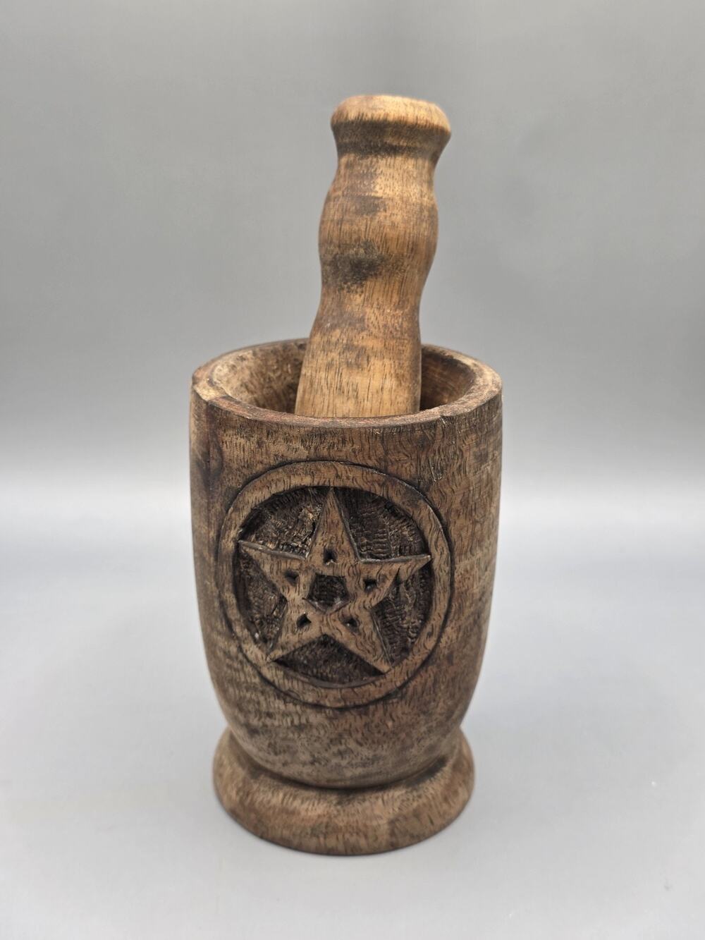 Carved Wood Pentagram Mortar and Pestle Set Wicca Altar Tool Herb Grinder Pagan